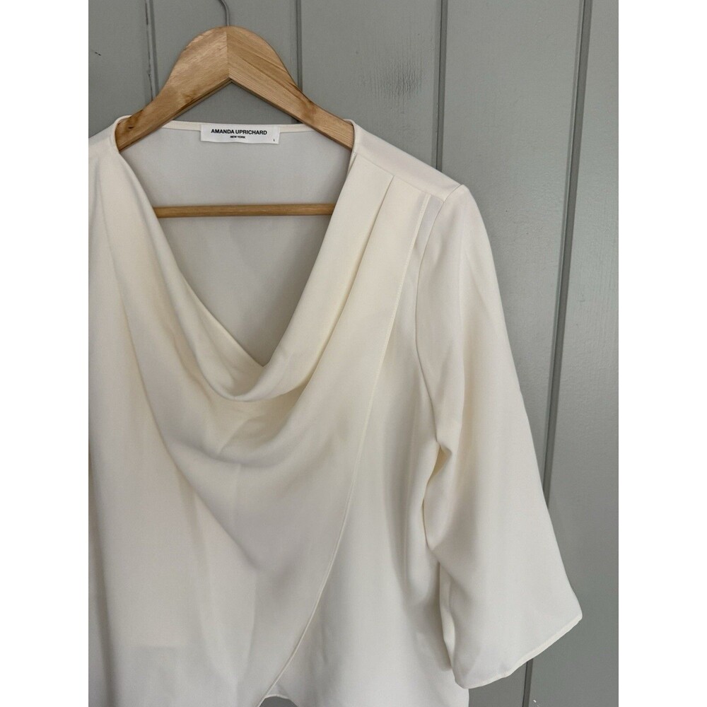 Amanda Uprichard Blouse L Large Cowl Neck Chiffon Drape Ivory 3/4 Sleeves - Picture 2 of 6